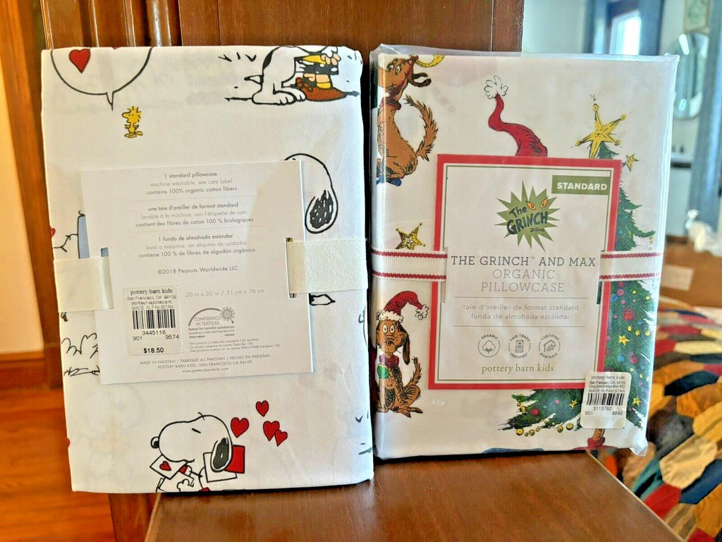 Pottery Barn Grinch Snoopy Christmas Seuss Holiday Disney kids pillowcase SET 2y