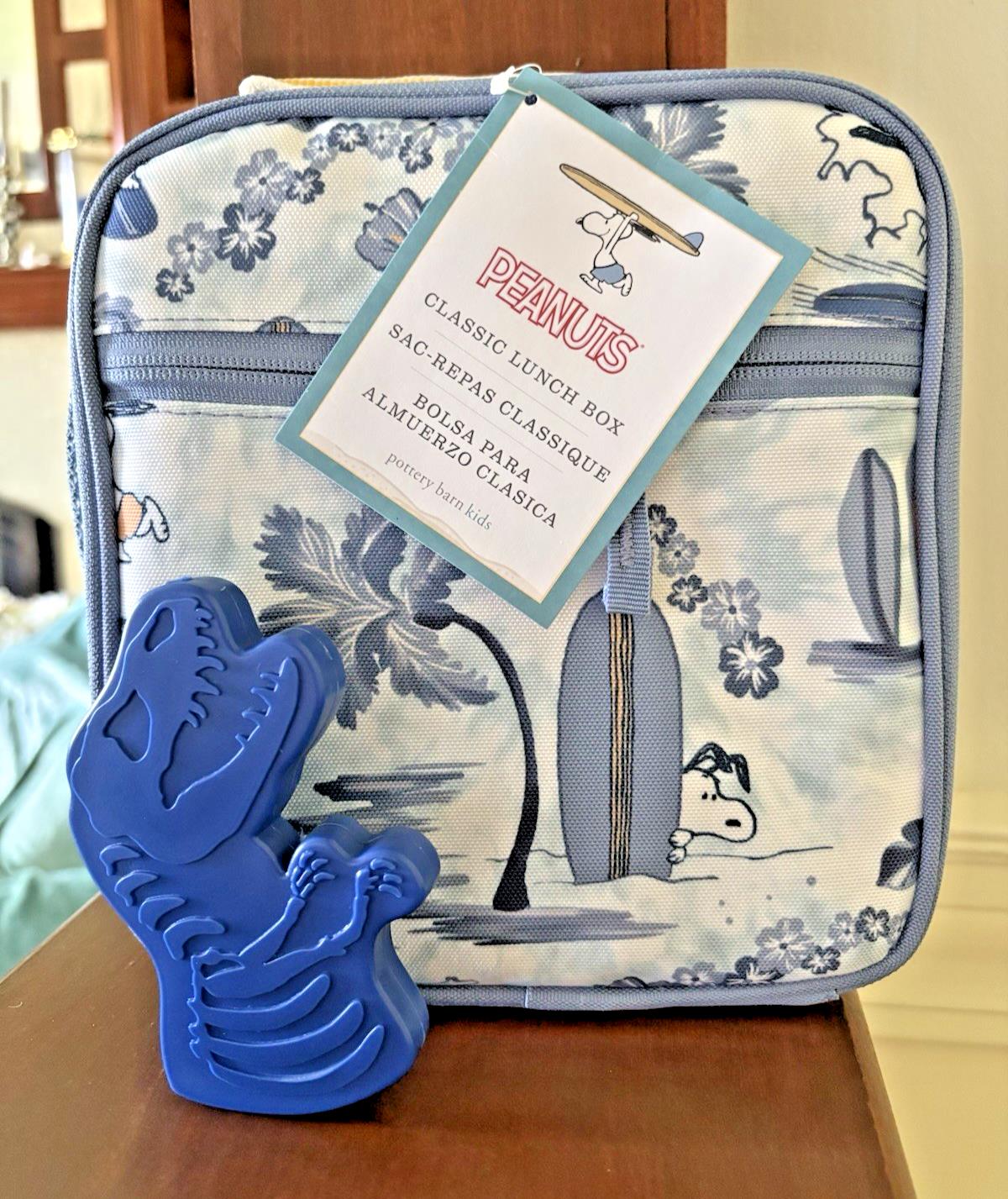 School Pottery barn Kids Snoopy Dinosaur LUNCH BOX Bag Jurassic Travel Pre K .