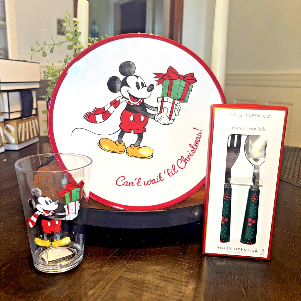 Disney Mickey Mouse Pottery Barn PLATE CUP UTENSIL Christmas holiday party SET 3