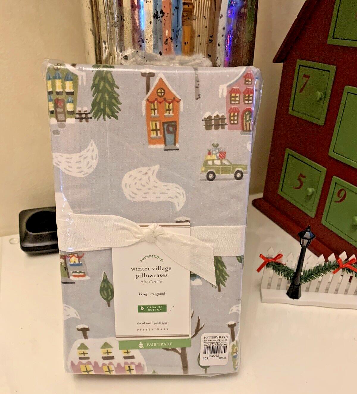 SET 2 Pottery Barn KING PILLOWCASE winter village holiday Christmas tree gift '