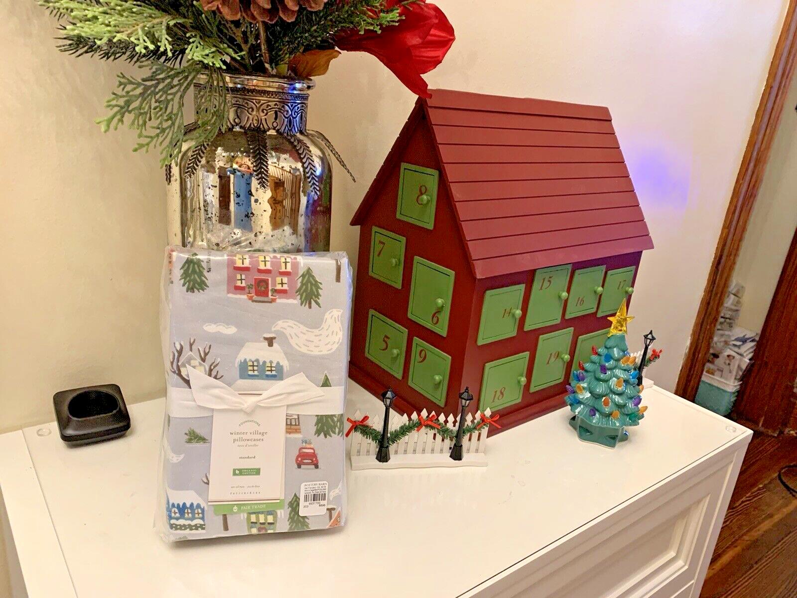 SET 2 Pottery Barn KING PILLOWCASE winter village holiday Christmas tree gift '