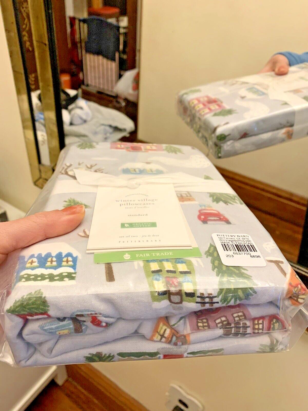 SET 2 Pottery Barn KING PILLOWCASE winter village holiday Christmas tree gift '