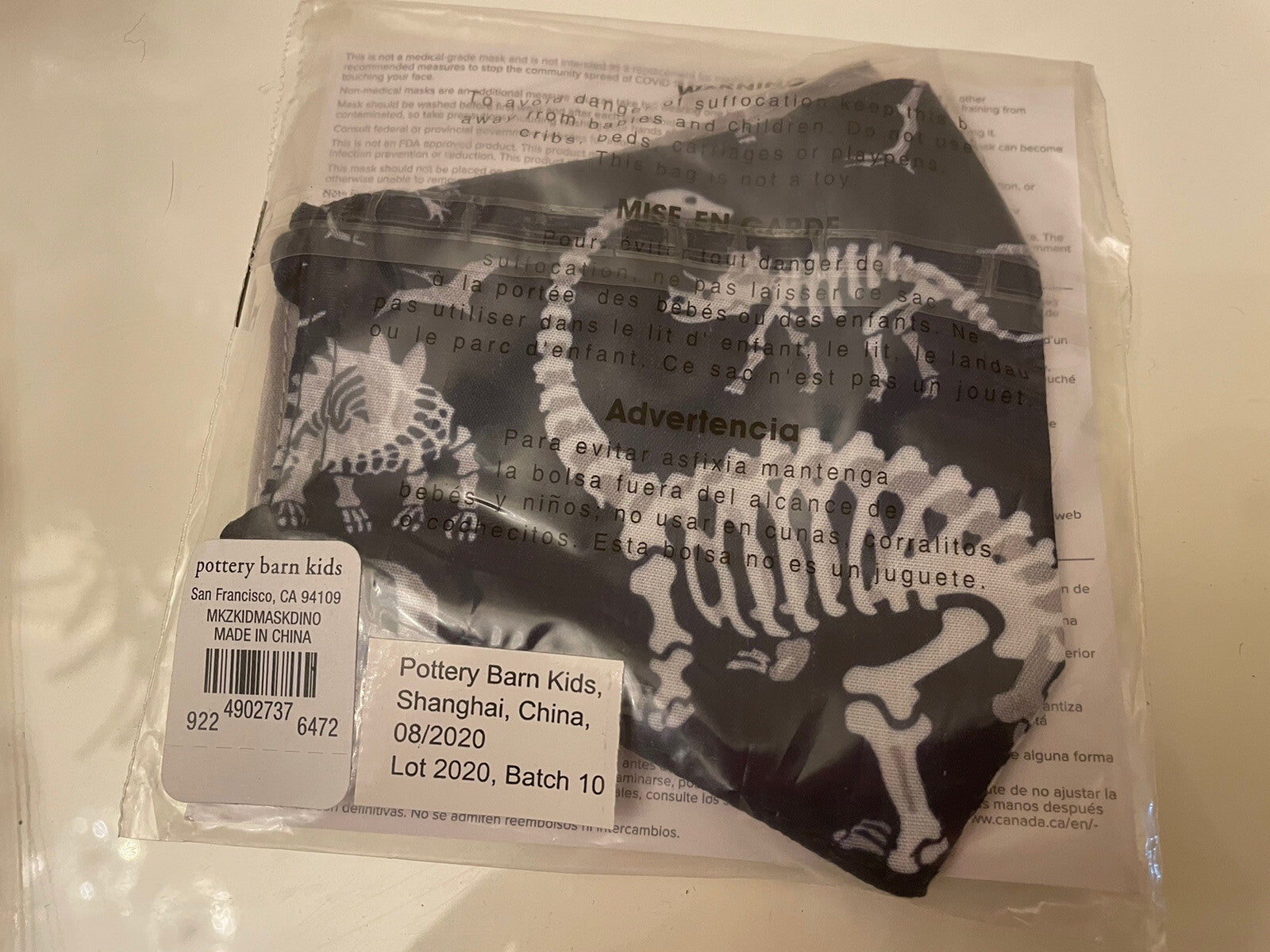pottery barn face mask covering kid school  Disney dinosaur dino bone Jurassic .