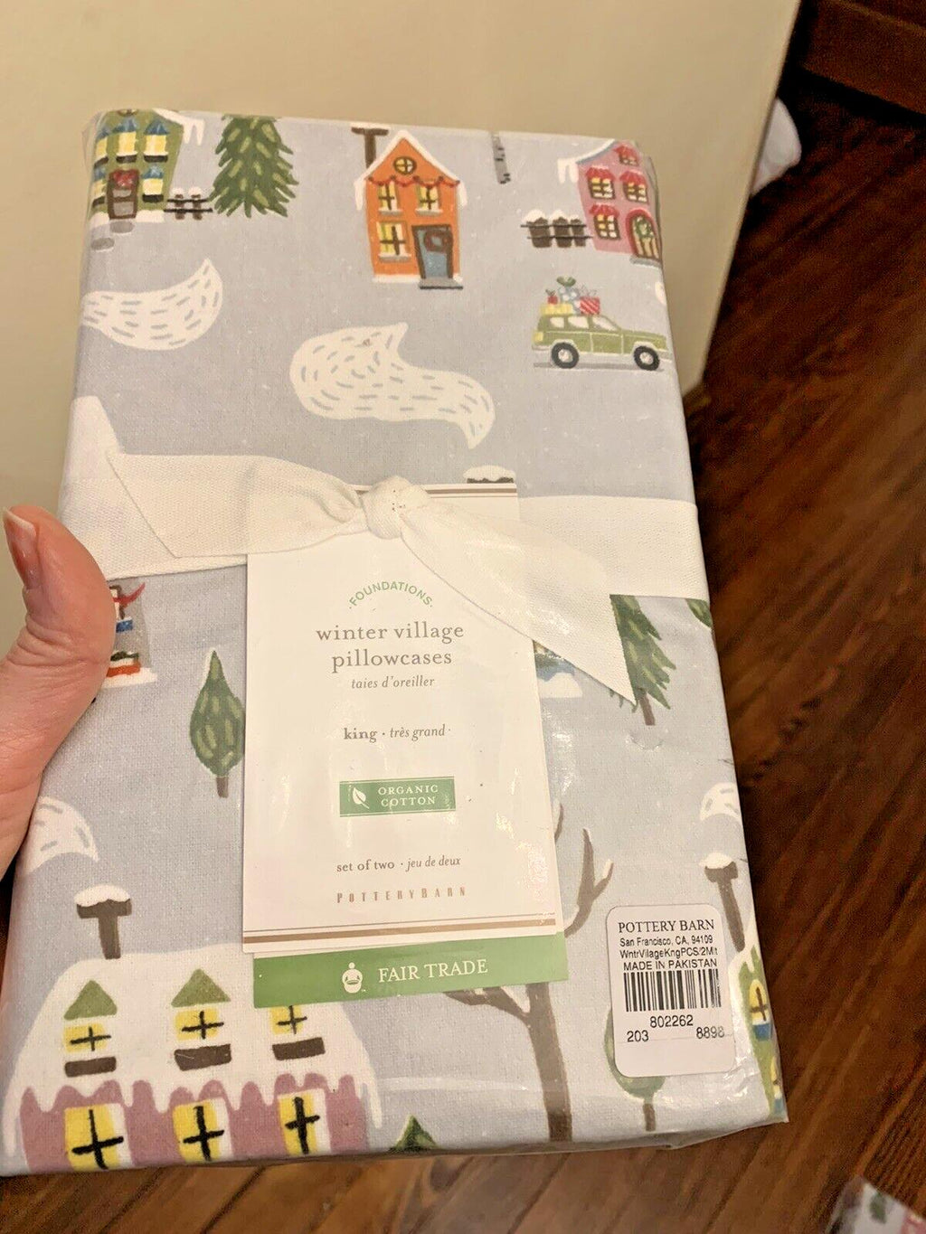 SET 2 Pottery Barn KING PILLOWCASE winter village holiday Christmas tree gift '
