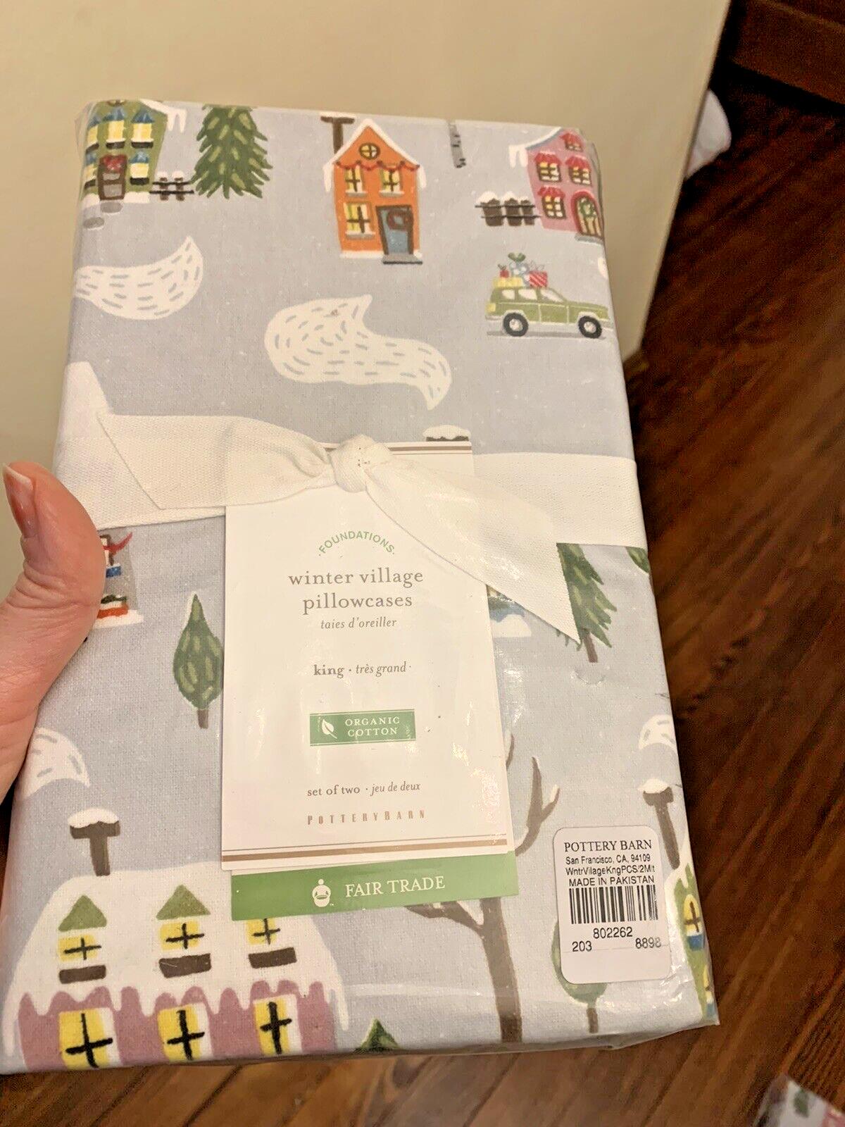 SET 2 Pottery Barn KING PILLOWCASE winter village holiday Christmas tree gift '