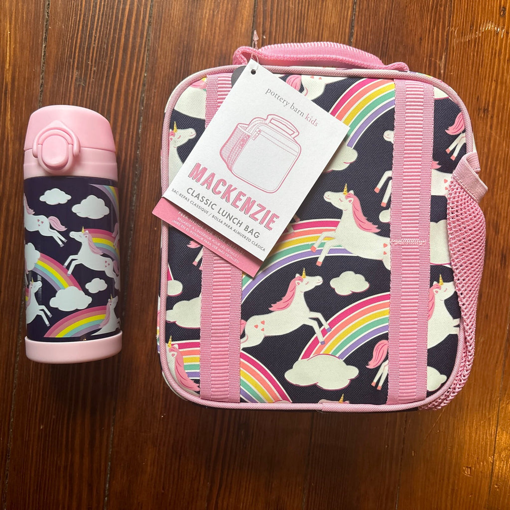 Pottery Barn LUNCH BOX BAG Disney School +WATER BOTTLE+ICE rainbow pink set .