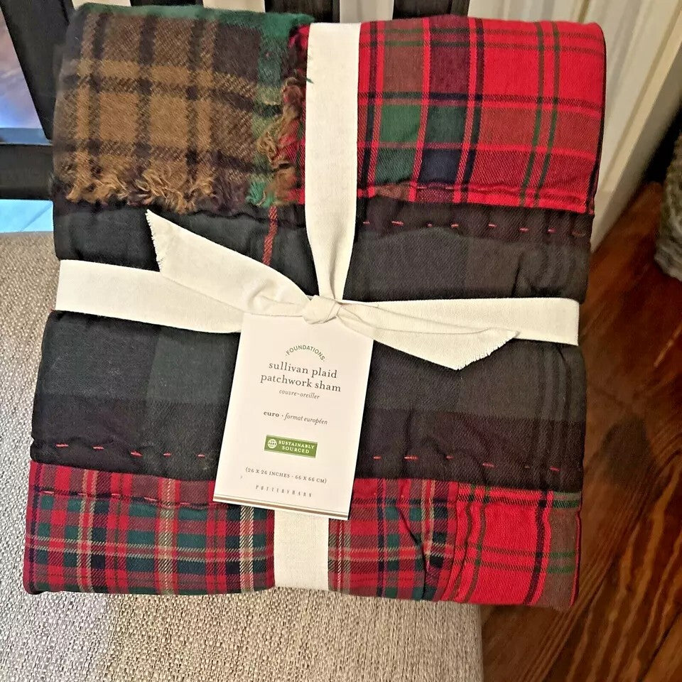 Pottery Barn Pillow Sham Disney SULLIVAN PLAID PATCHWORK holiday party gift [