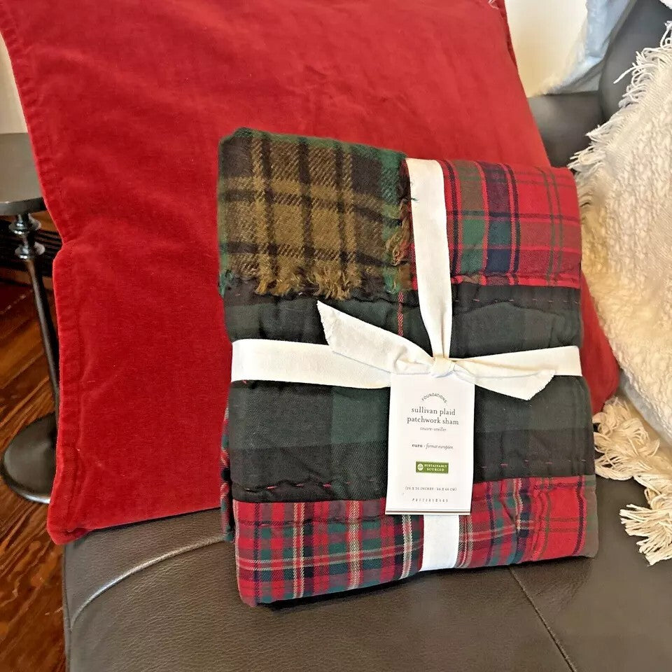 Pottery Barn Pillow Sham Disney SULLIVAN PLAID PATCHWORK holiday party gift [