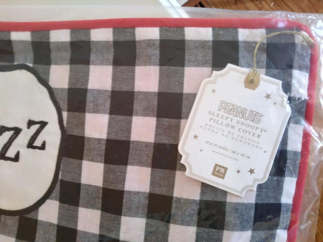 Pottery Barn Snoopy Disney Peanuts pillow Sham plaid kids dog holiday gift 1