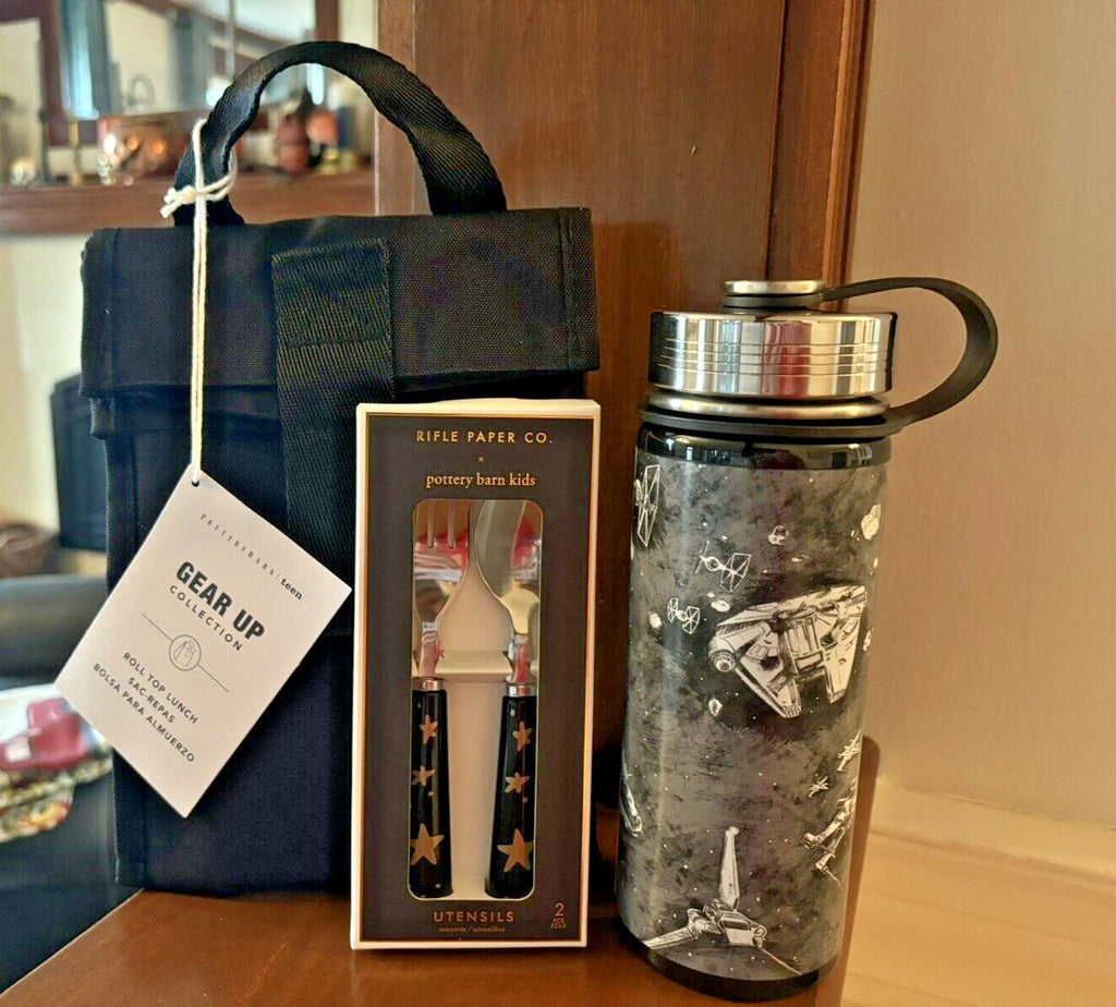 School Pottery barn STAR WARS TRek Water bottle+ Lunch bag+Utensil Set Solo ?? .