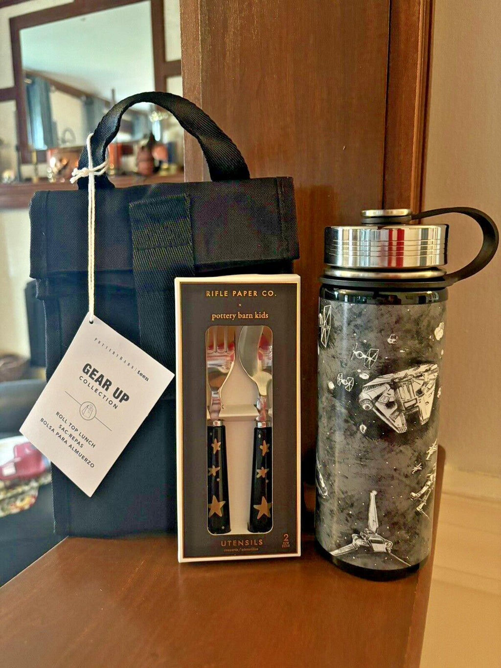 School Pottery barn STAR WARS TRek Water bottle+ Lunch bag+Utensil Set Solo ?? .