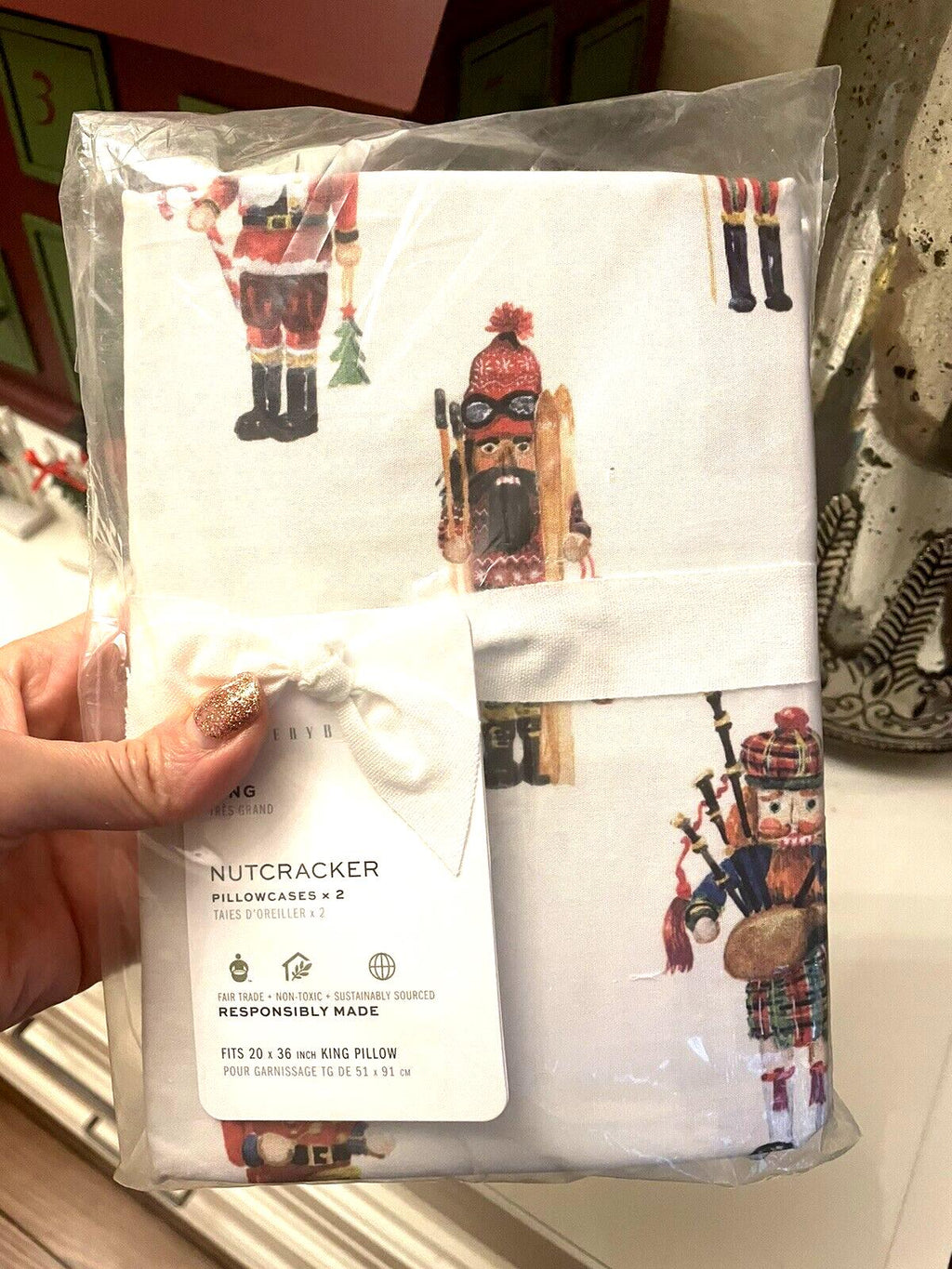 Pottery Barn holiday KING Pillowcase Nutcracker Christmas Gift Party kid SET 2 .