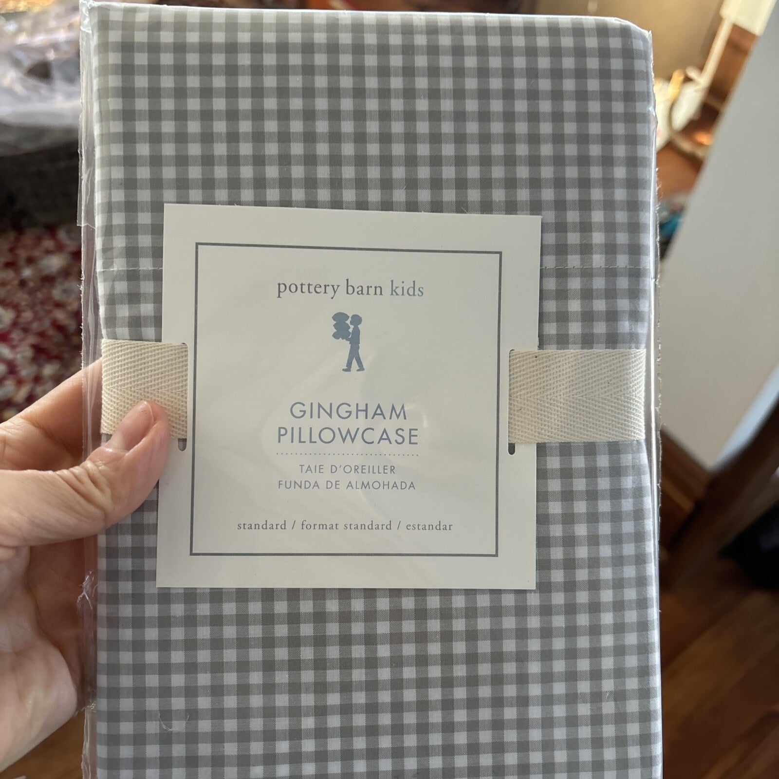 Disney School Pottery Barn plaid gingham check grey gray white kids Pillowcase [