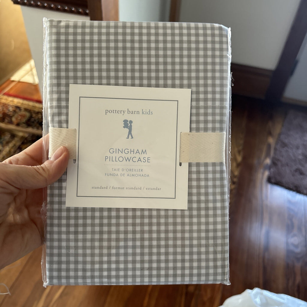 Disney School Pottery Barn plaid gingham check grey gray white kids Pillowcase [