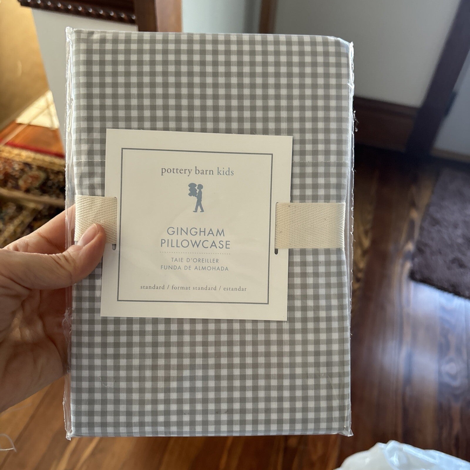 Disney School Pottery Barn plaid gingham check grey gray white kids Pillowcase [