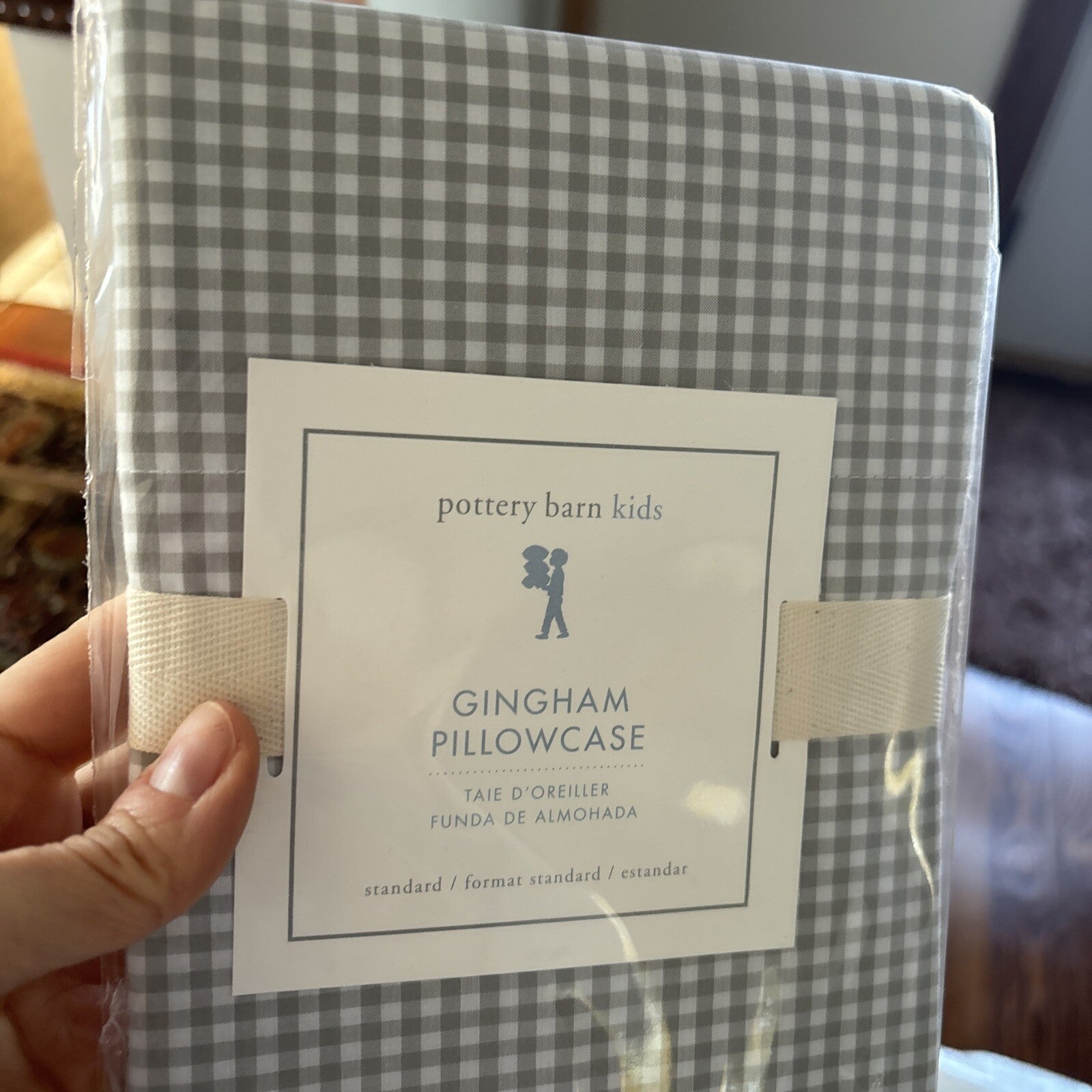 Disney School Pottery Barn plaid gingham check grey gray white kids Pillowcase [