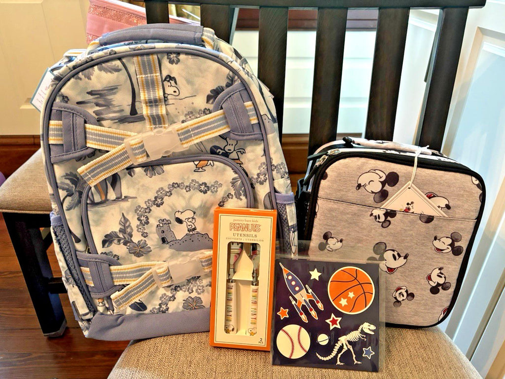 School Pottery barn Kid Mickey SNOOPY BACKPACK LUNCH Dinosaur travel BAG .