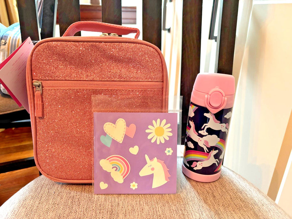 Pottery Barn school Disney Glitter LUNCH WATER bag Unicorn girl travel heart?? .