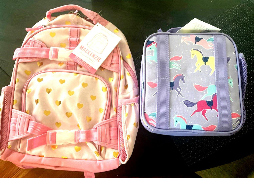 Pottery Barn school Disney Glitter BACKPACK +Lunch Heart Rainbow girl pink ?? 1