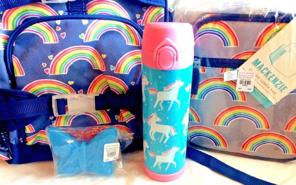 Disney School Pottery barn backpack rainbow star+LUNCH box+WATER bottle girl .