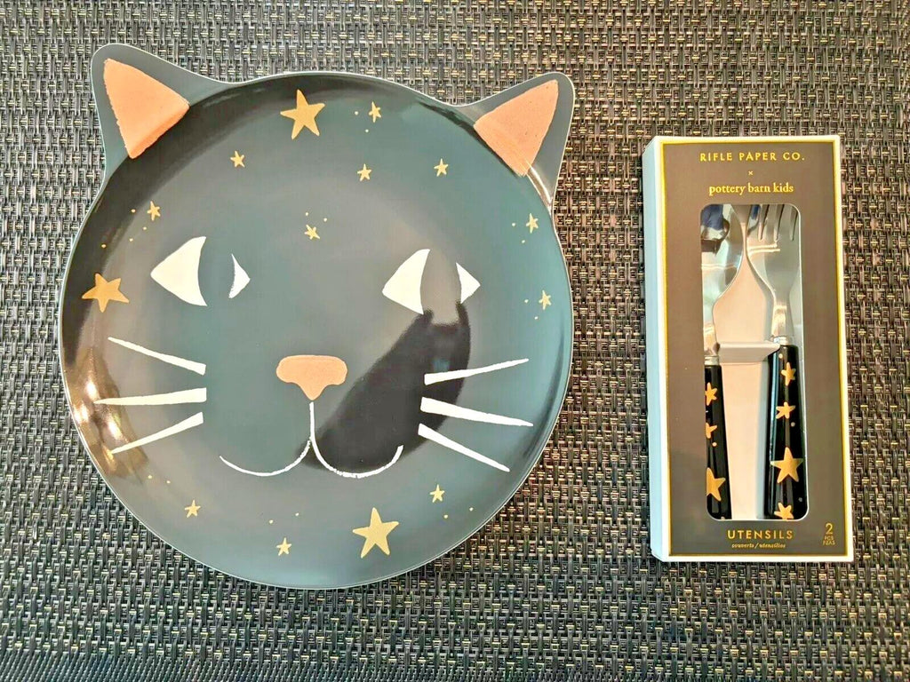 Pottery Barn Halloween PLATE+ UTENSI+CUP Holiday party black cat Dinner SET 12