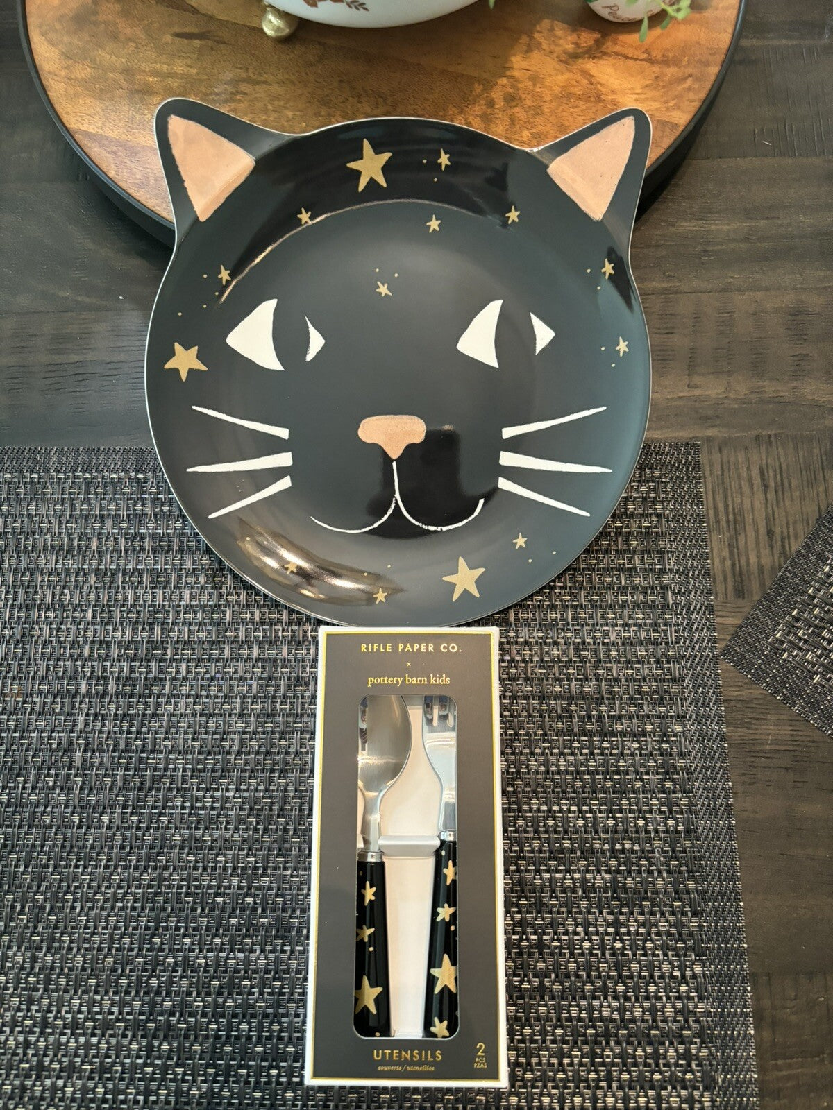 Pottery Barn Halloween PLATE+ UTENSI+CUP Holiday party black cat Dinner SET 12
