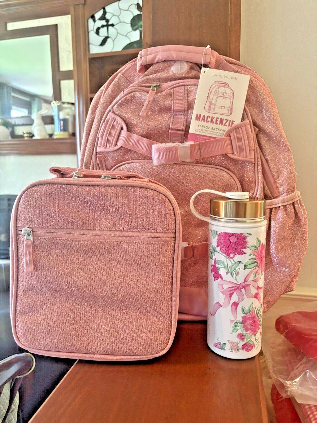 School Pottery barn kids LARGE BACKPACK LUNCH WATER Glitter Floral Bag Travel .