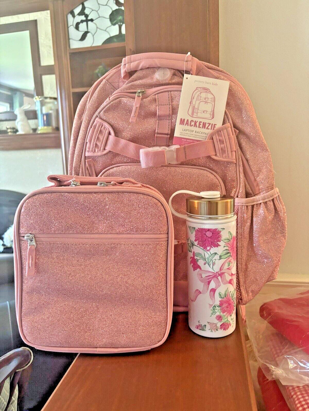 School Pottery barn kids LARGE BACKPACK LUNCH WATER Glitter Floral Bag Travel .