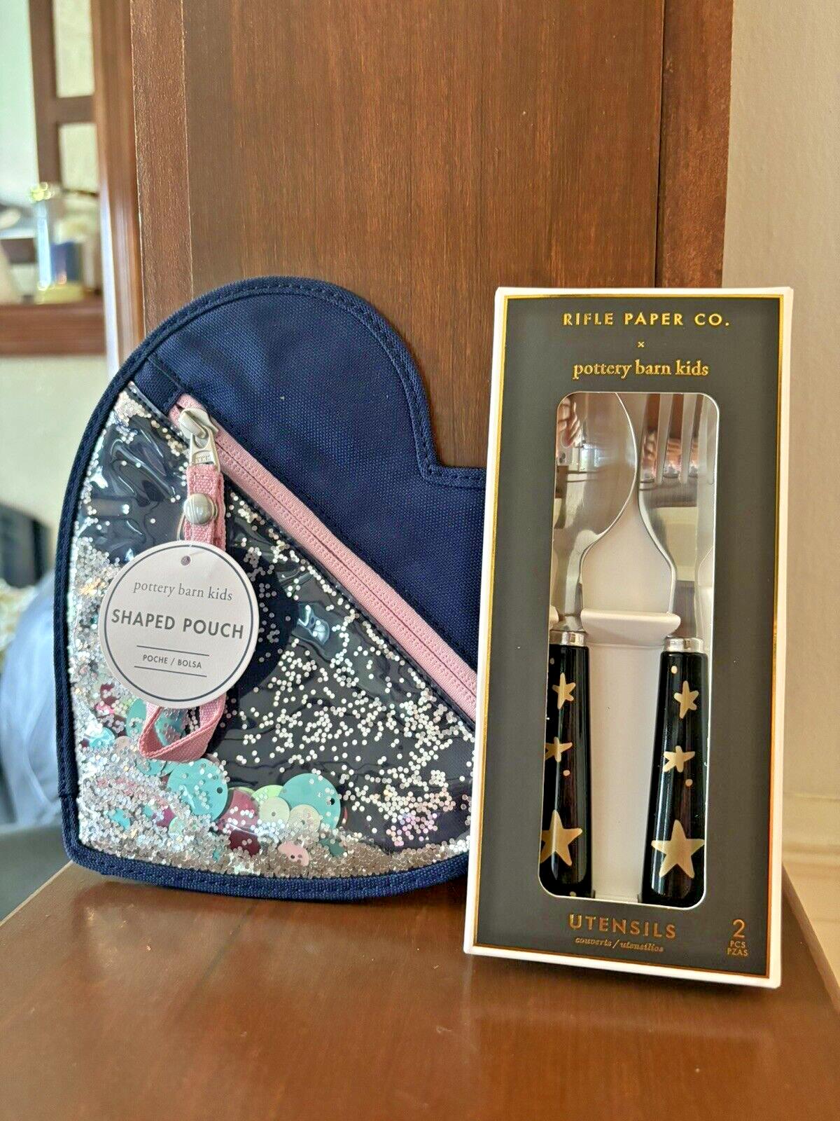 School  Pottery Barn glitter PENCIL CASE + Utensil Set bag rainbow Star Disney ,