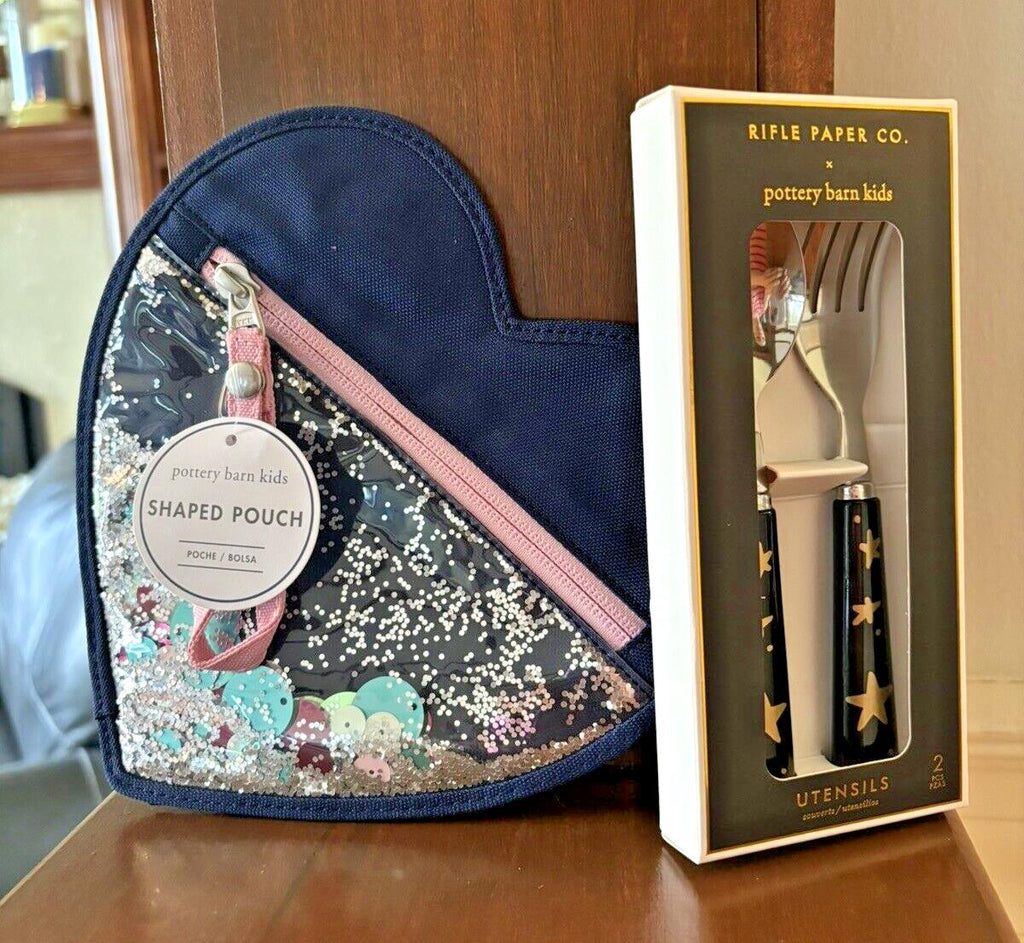 School  Pottery Barn glitter PENCIL CASE + Utensil Set bag rainbow Star Disney ,
