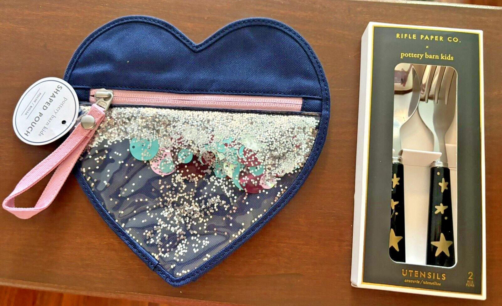 School  Pottery Barn glitter PENCIL CASE + Utensil Set bag rainbow Star Disney ,