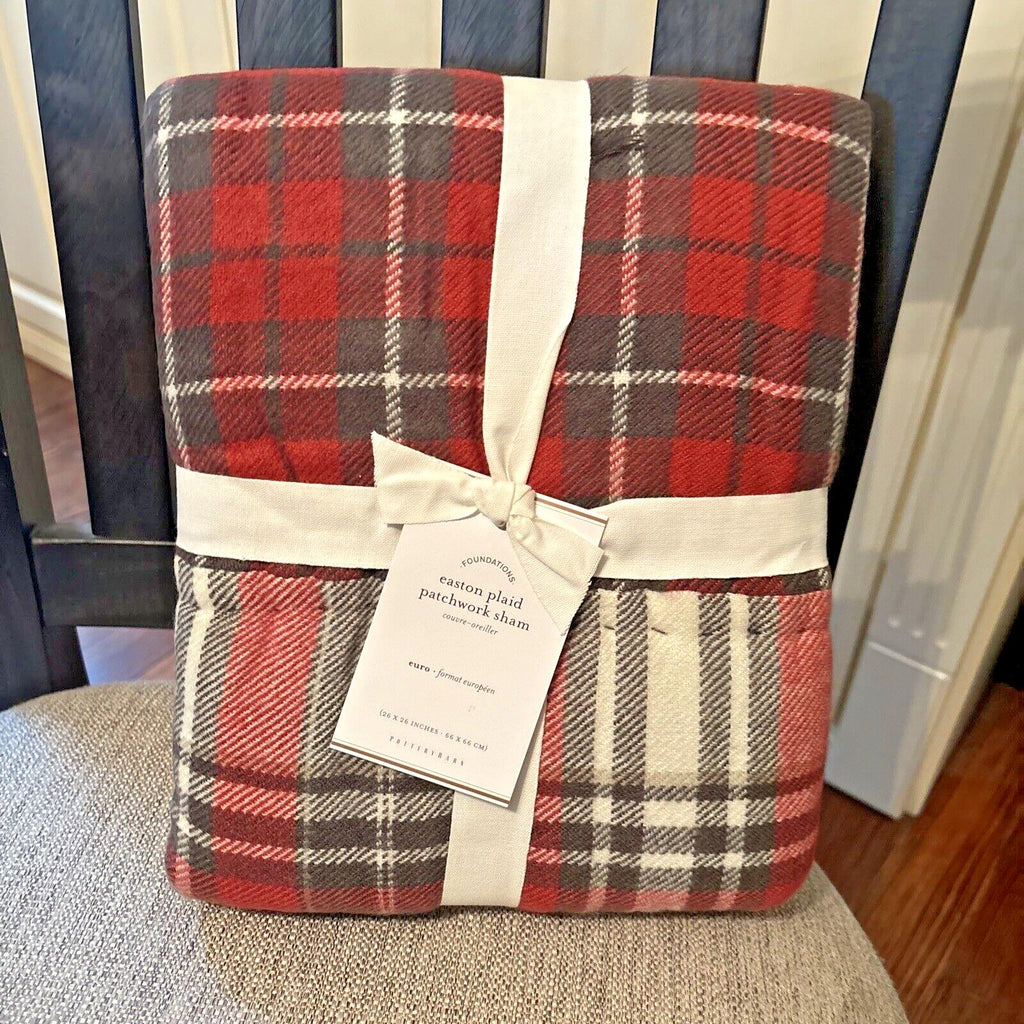Pottery Barn Plaid Pillow SHAM holiday PATCH Christmas Lodge Gingham red white r