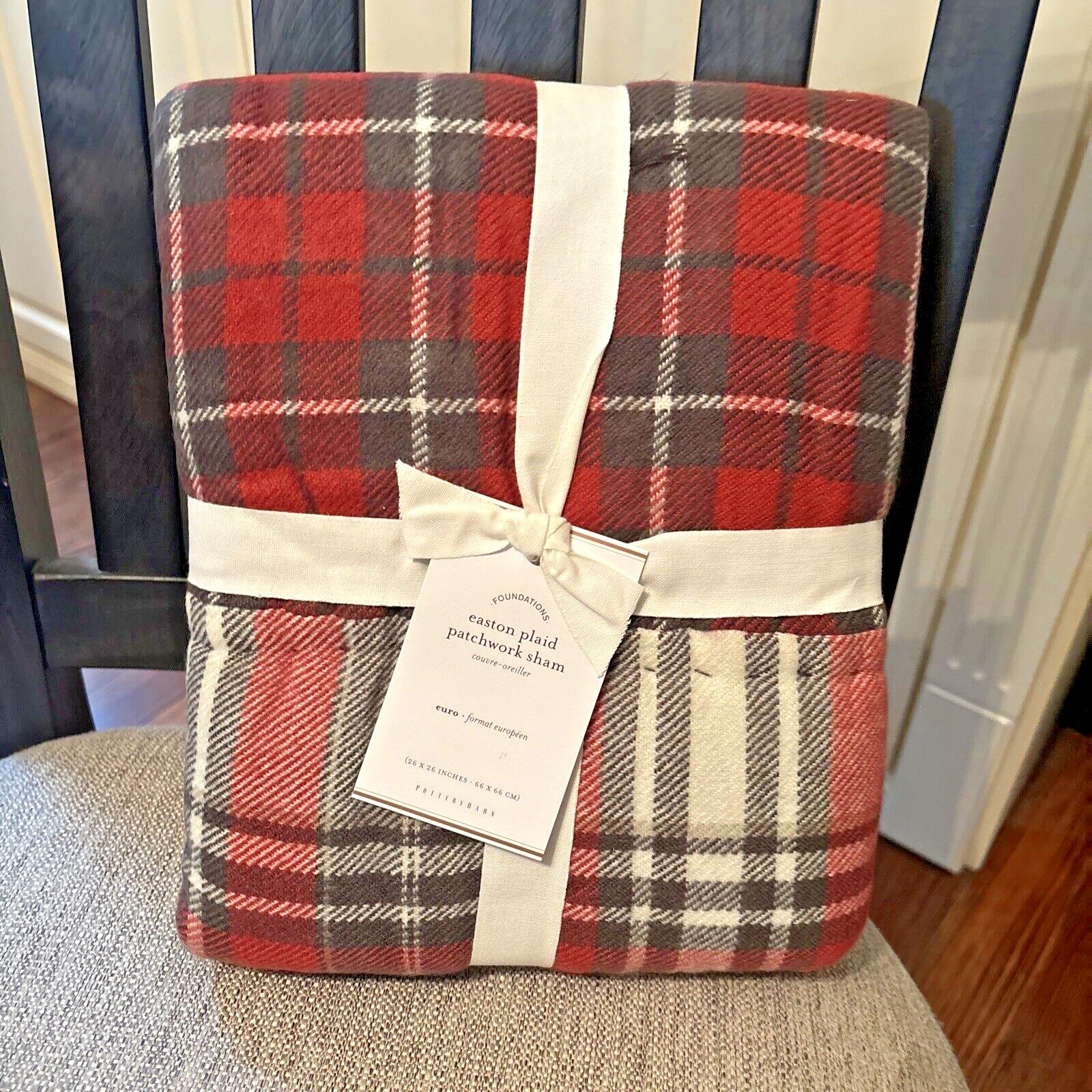 Pottery Barn Plaid Pillow SHAM holiday PATCH Christmas Lodge Gingham red white r