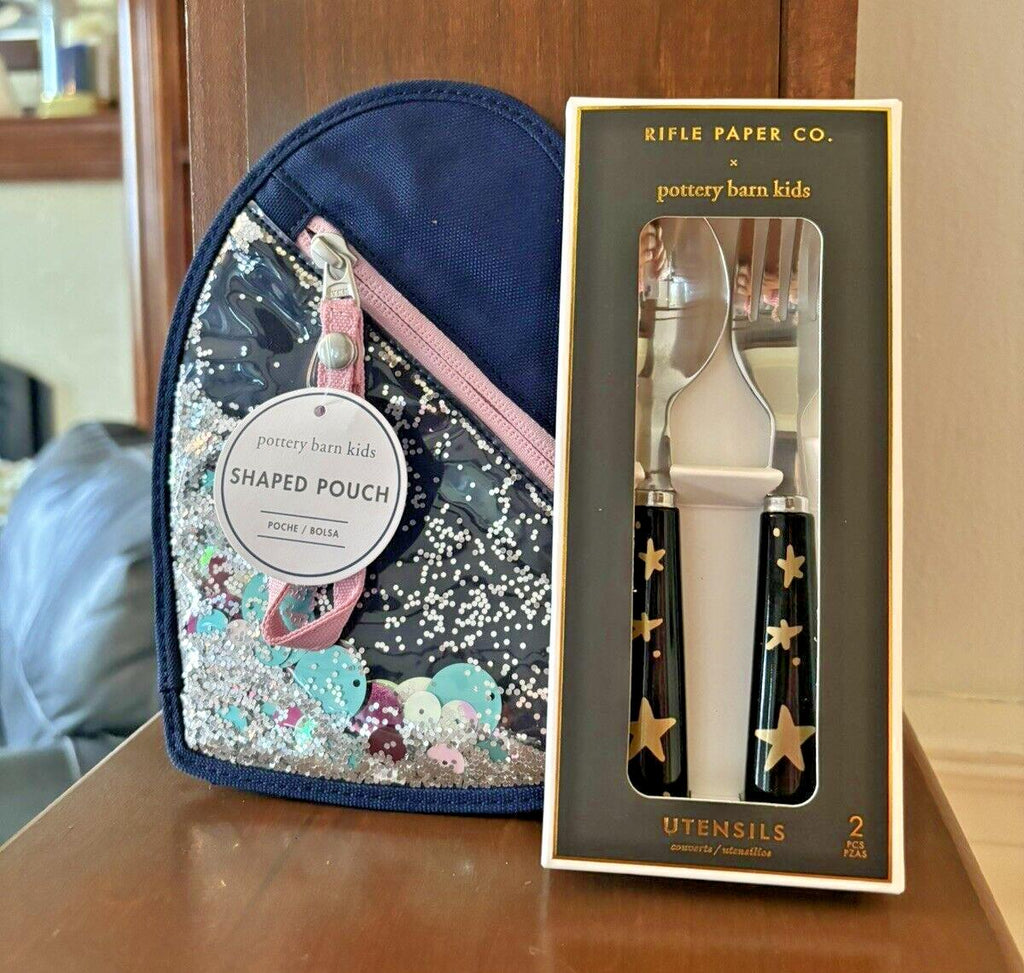 School  Pottery Barn glitter PENCIL CASE + Utensil Set bag rainbow Star Disney ,