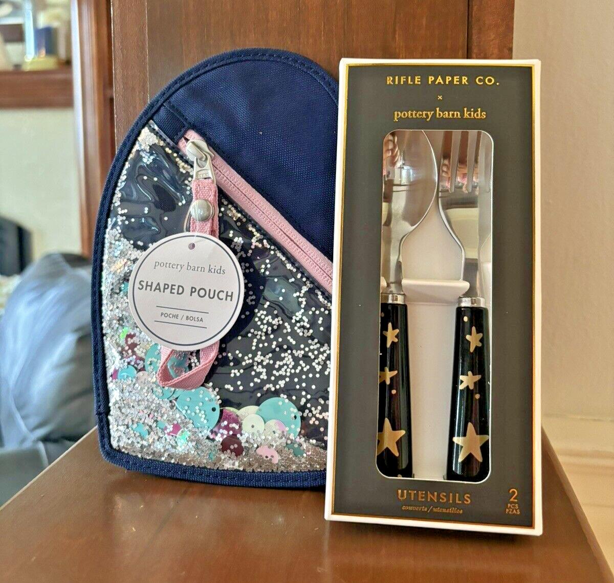 School  Pottery Barn glitter PENCIL CASE + Utensil Set bag rainbow Star Disney ,