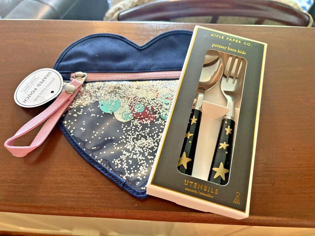 School  Pottery Barn glitter PENCIL CASE + Utensil Set bag rainbow Star Disney ,