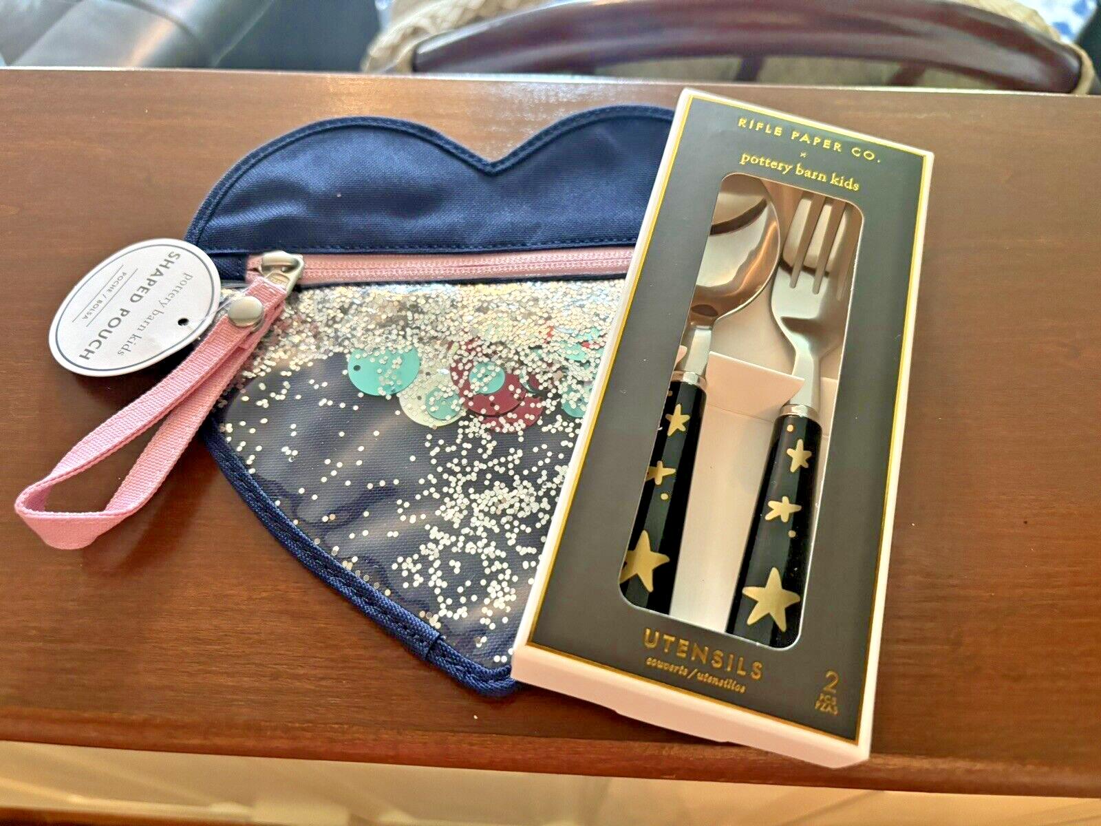 School  Pottery Barn glitter PENCIL CASE + Utensil Set bag rainbow Star Disney ,
