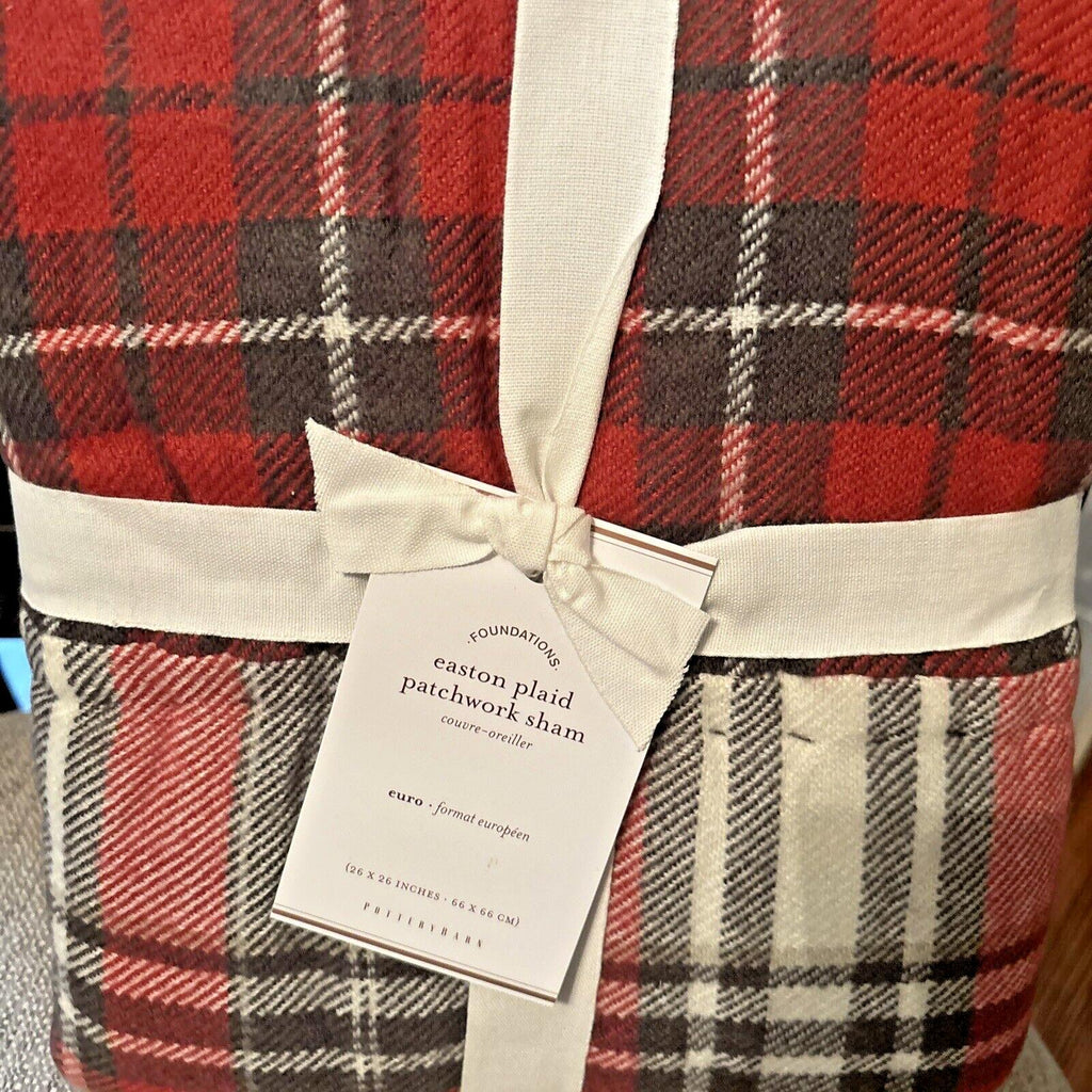 Pottery Barn Plaid Pillow SHAM holiday PATCH Christmas Lodge Gingham red white r