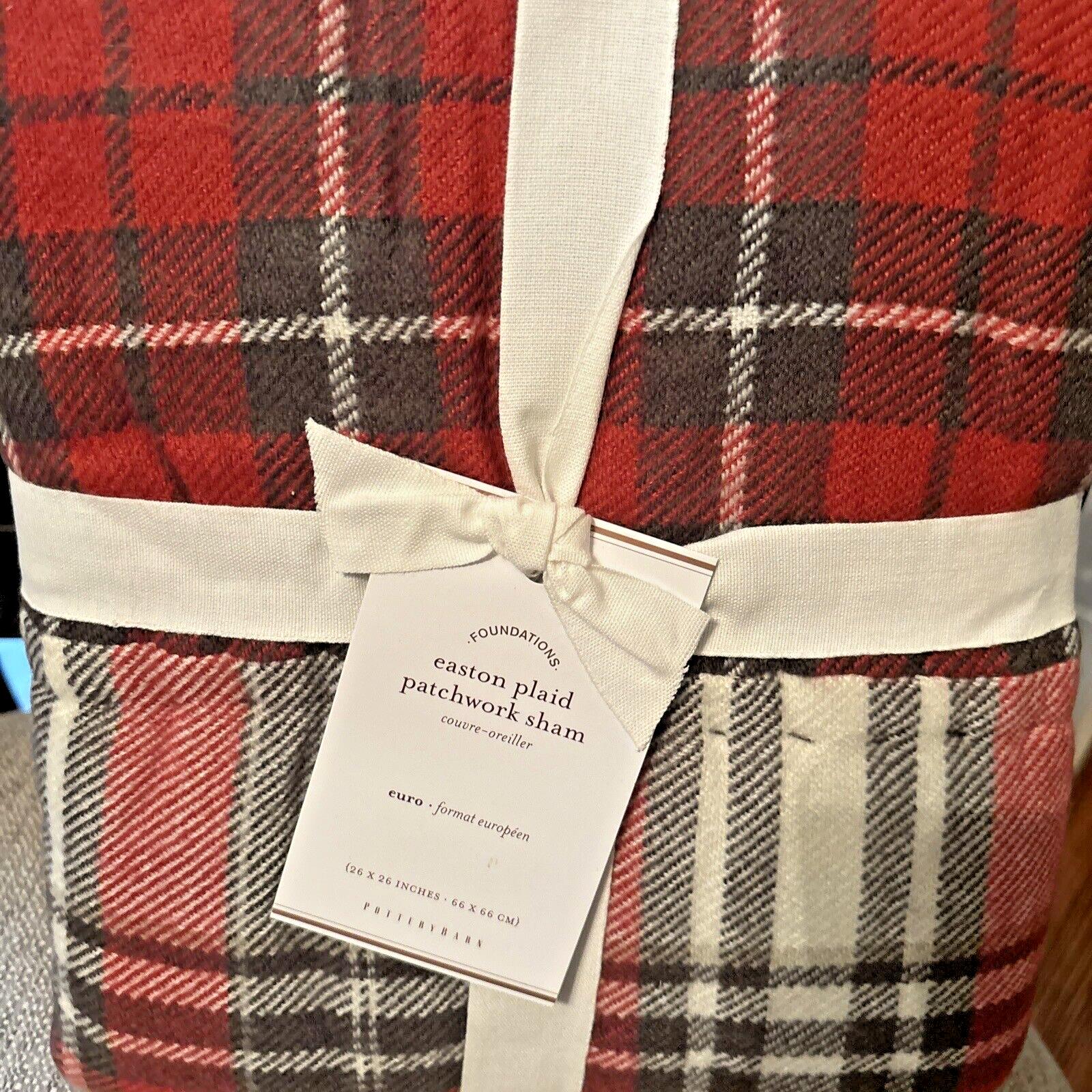 Pottery Barn Plaid Pillow SHAM holiday PATCH Christmas Lodge Gingham red white r