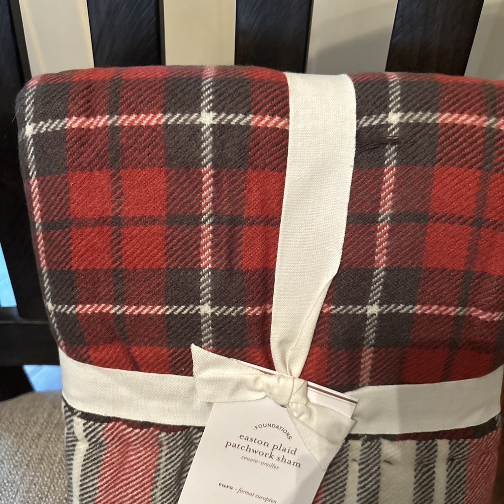 Pottery Barn Plaid Pillow SHAM holiday PATCH Christmas Lodge Gingham red white r