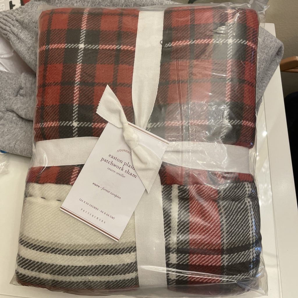 Pottery Barn Plaid Pillow SHAM holiday PATCH Christmas Lodge Gingham red white r
