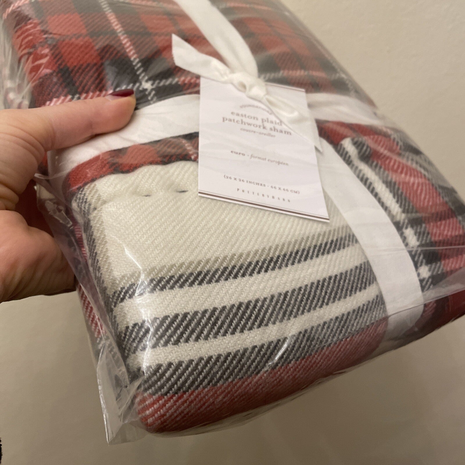 Pottery Barn Plaid Pillow SHAM holiday PATCH Christmas Lodge Gingham red white r