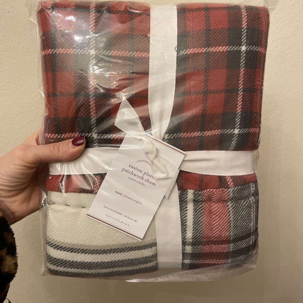 Pottery Barn Plaid Pillow SHAM holiday PATCH Christmas Lodge Gingham red white r