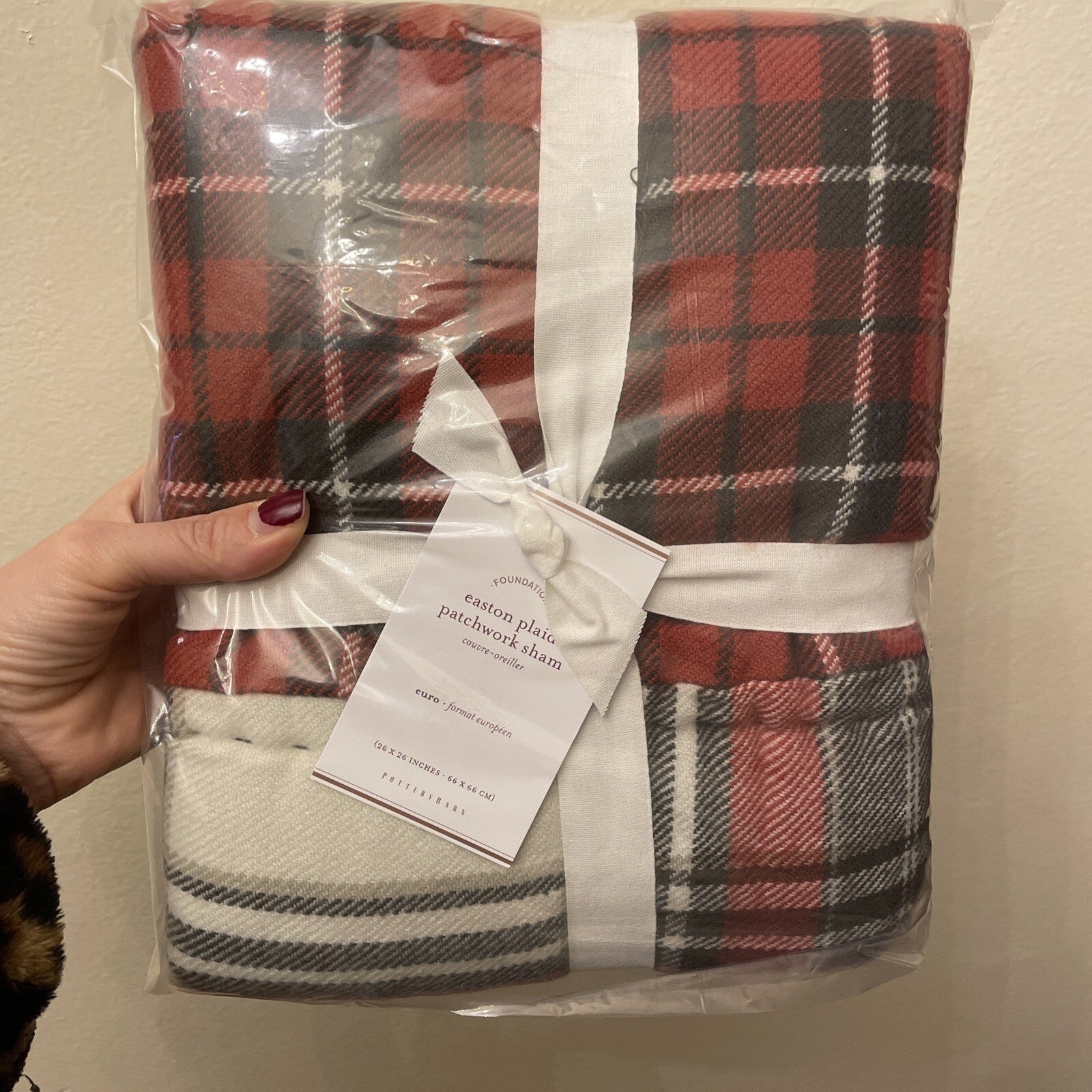 Pottery Barn Plaid Pillow SHAM holiday PATCH Christmas Lodge Gingham red white r