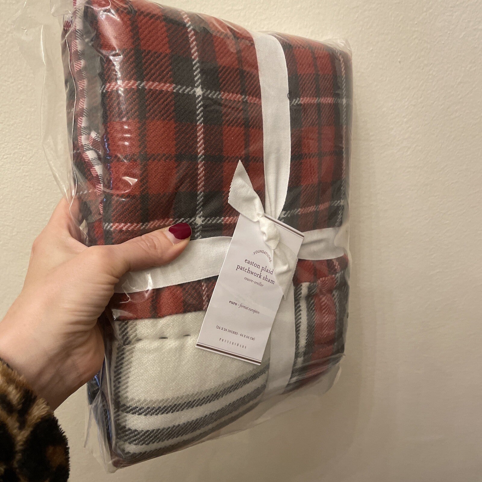 Pottery Barn Plaid Pillow SHAM holiday PATCH Christmas Lodge Gingham red white r