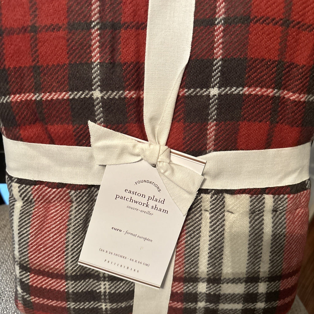 Pottery Barn Plaid Pillow SHAM holiday PATCH Christmas Lodge Gingham red white r