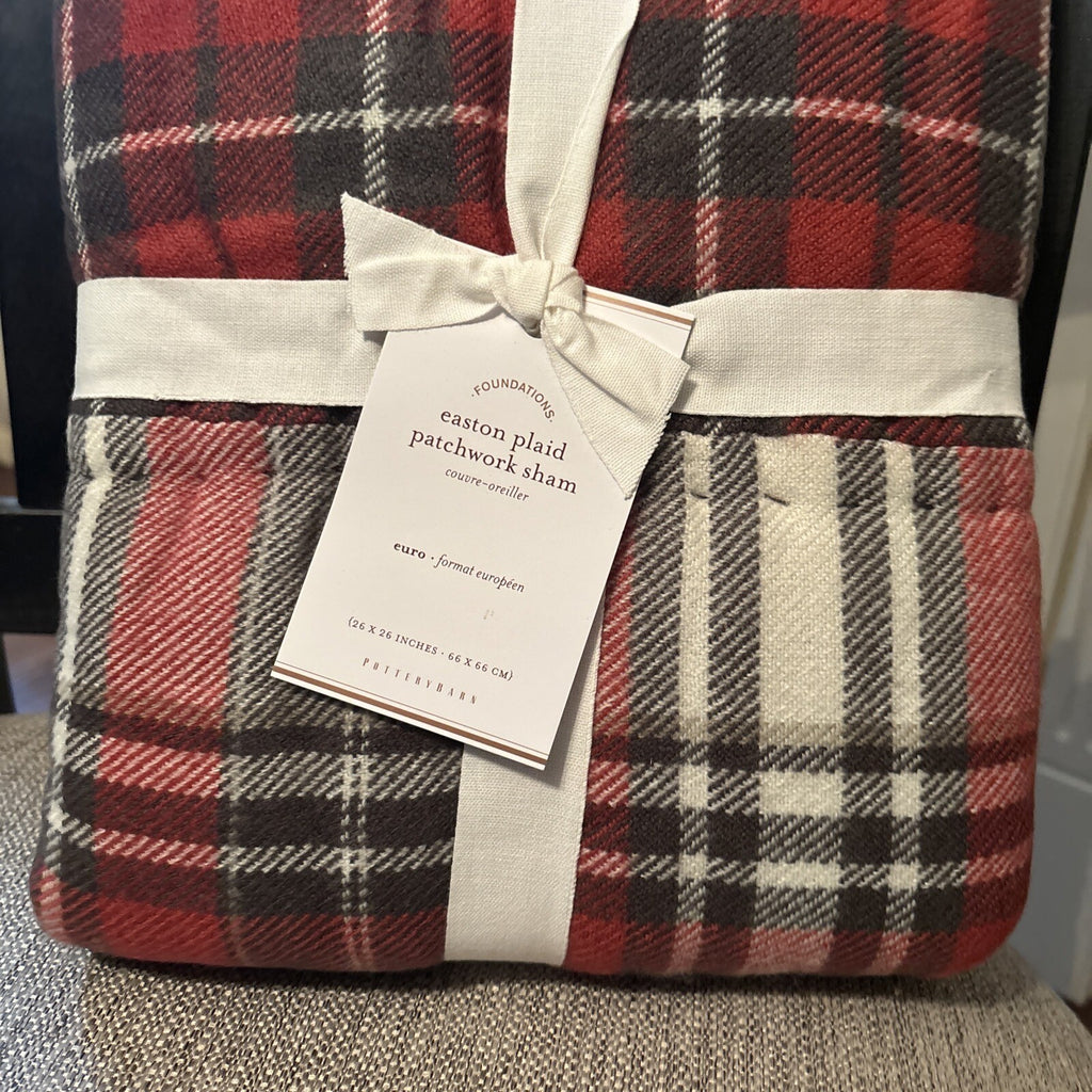 Pottery Barn Plaid Pillow SHAM holiday PATCH Christmas Lodge Gingham red white r