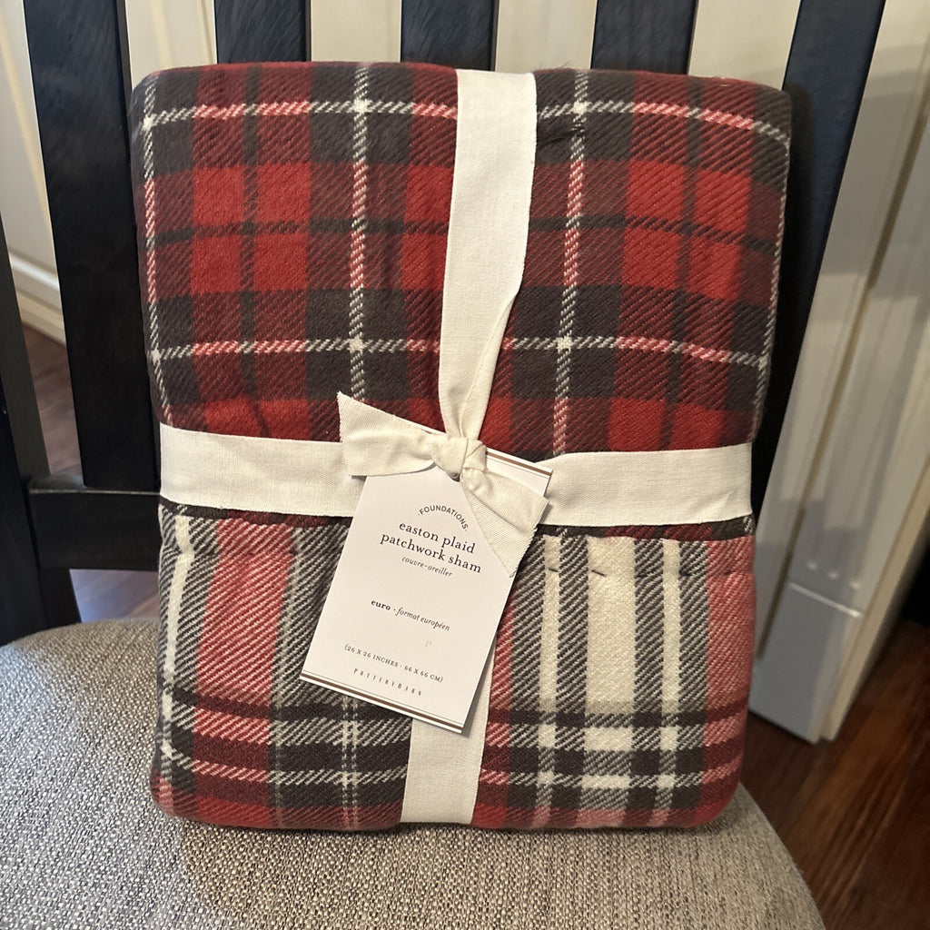 Pottery Barn Plaid Pillow SHAM holiday PATCH Christmas Lodge Gingham red white r