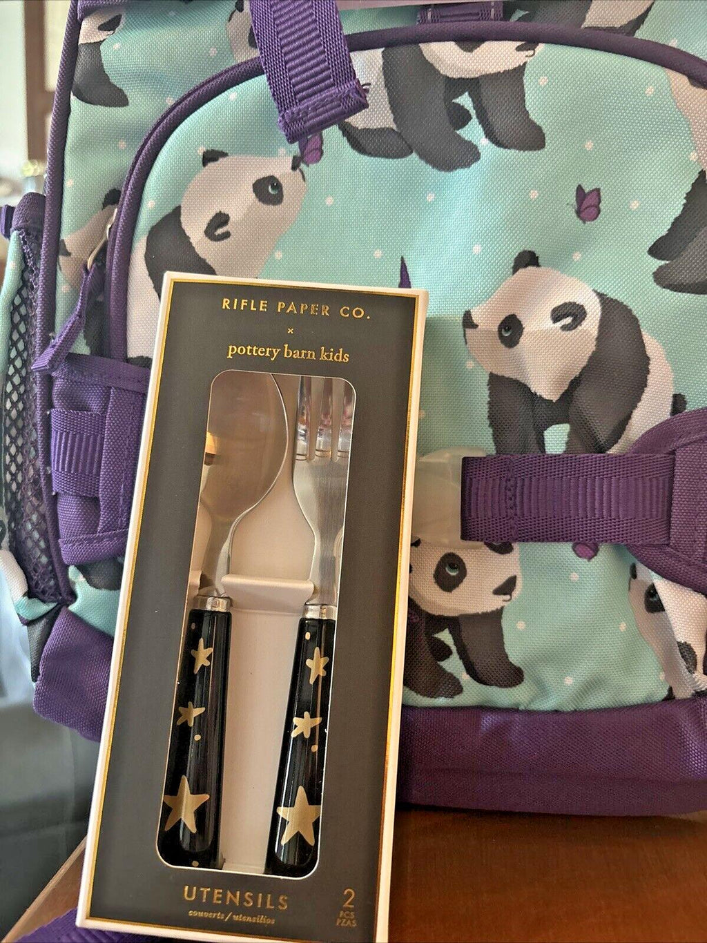 Pottery Barn kids school Disney BACKPACK Panda +Utensil Set TRAVEL ?? girl .