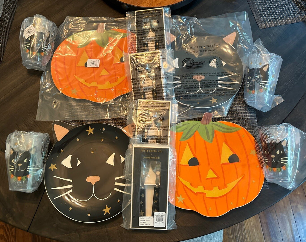 Pottery Barn Halloween Holiday party Black Cat Pumpkin Dinner kid plate SET 12 m